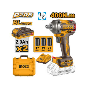 INGCO Akkus &uuml;tvecsavaroz&oacute; 1/2" 405 Nm sz&eacute;nkefe n&eacute;lk&uuml;li 20 V (2 x 2,0 Ah akku + t&ouml;ltő)